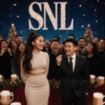 Ariana Grande sings with Bowen Yang beside her surrounded by festive eggnog glasses and twinkling Christmas lights