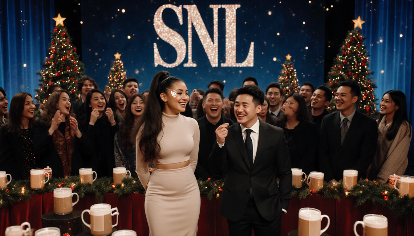 Ariana Grande sings with Bowen Yang beside her surrounded by festive eggnog glasses and twinkling Christmas lights