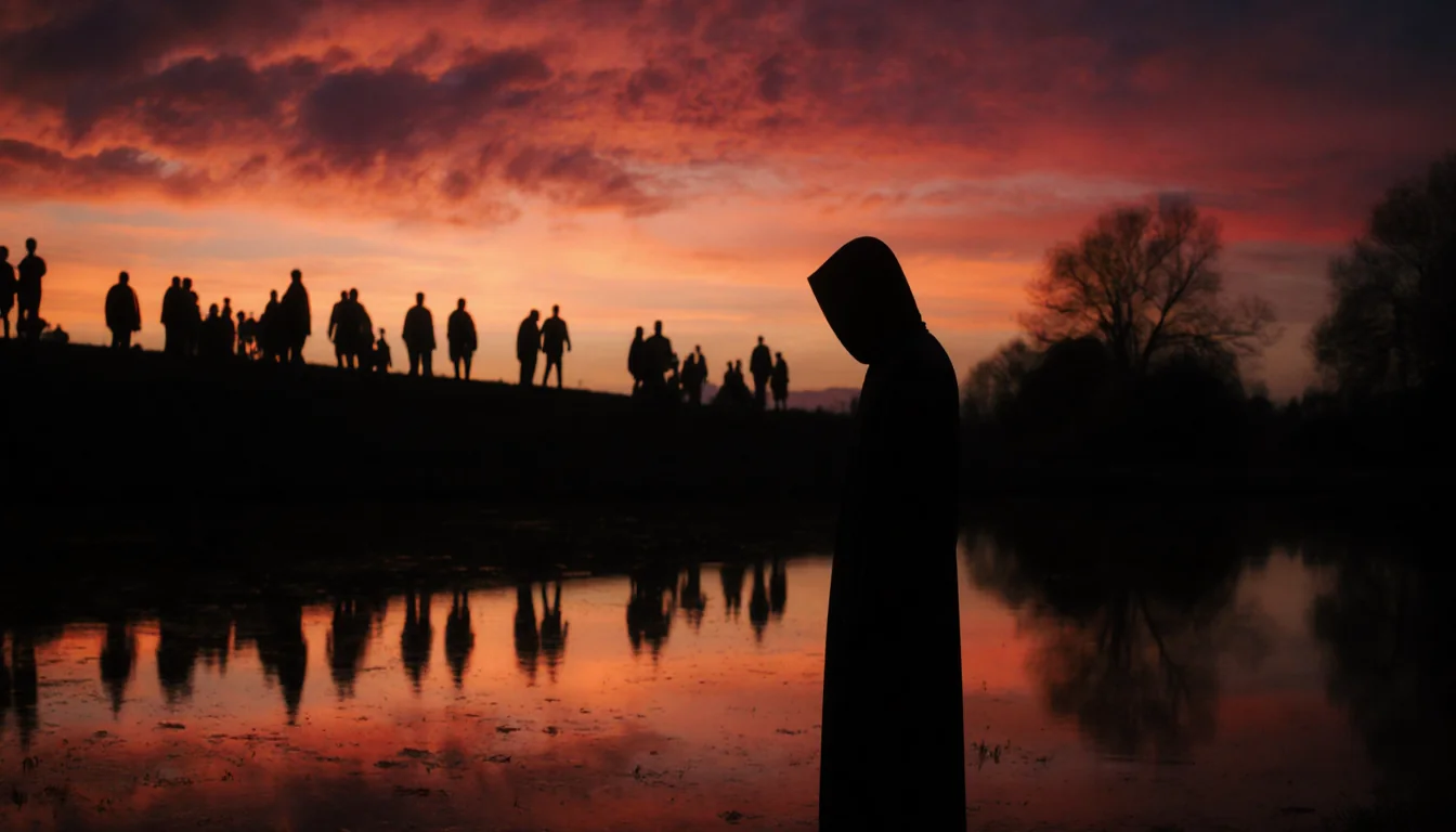 Lone figure standing with lake reflection and crimson twilight sky in background.