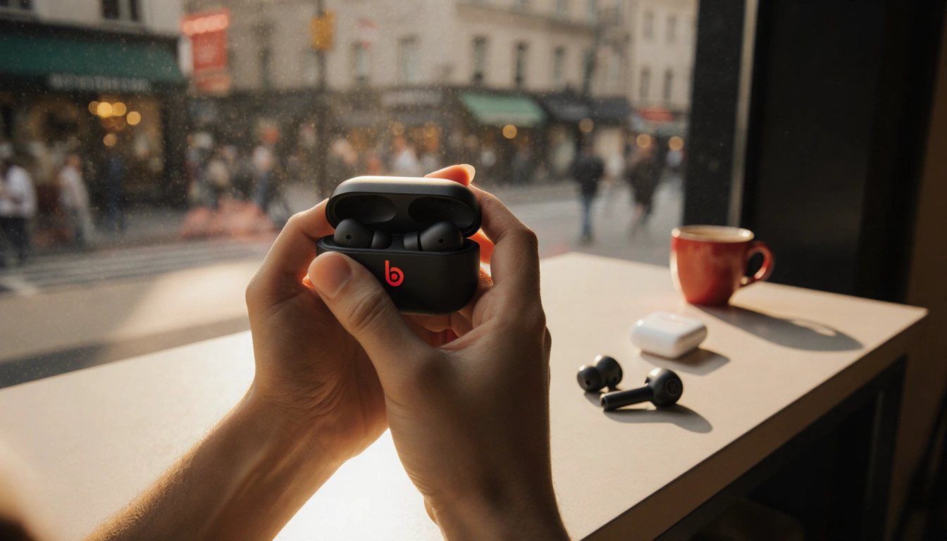 Hands excitedly cradling Beats Studio Buds with golden glow and scattered AirPods accessories on a modern desk