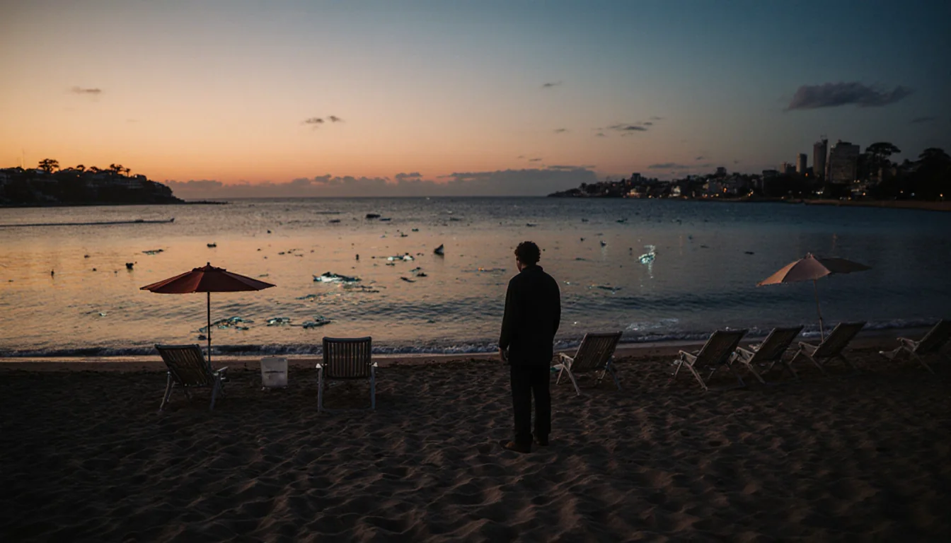 Lone figure standing by water edge on Bondi beach with sunset sky and scattered shattered glass showing quiet tragedy.