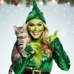Celine Dion strikes a mischievous pose with her cat in a sparkly green Grinch costume with lights and falling snowflakes