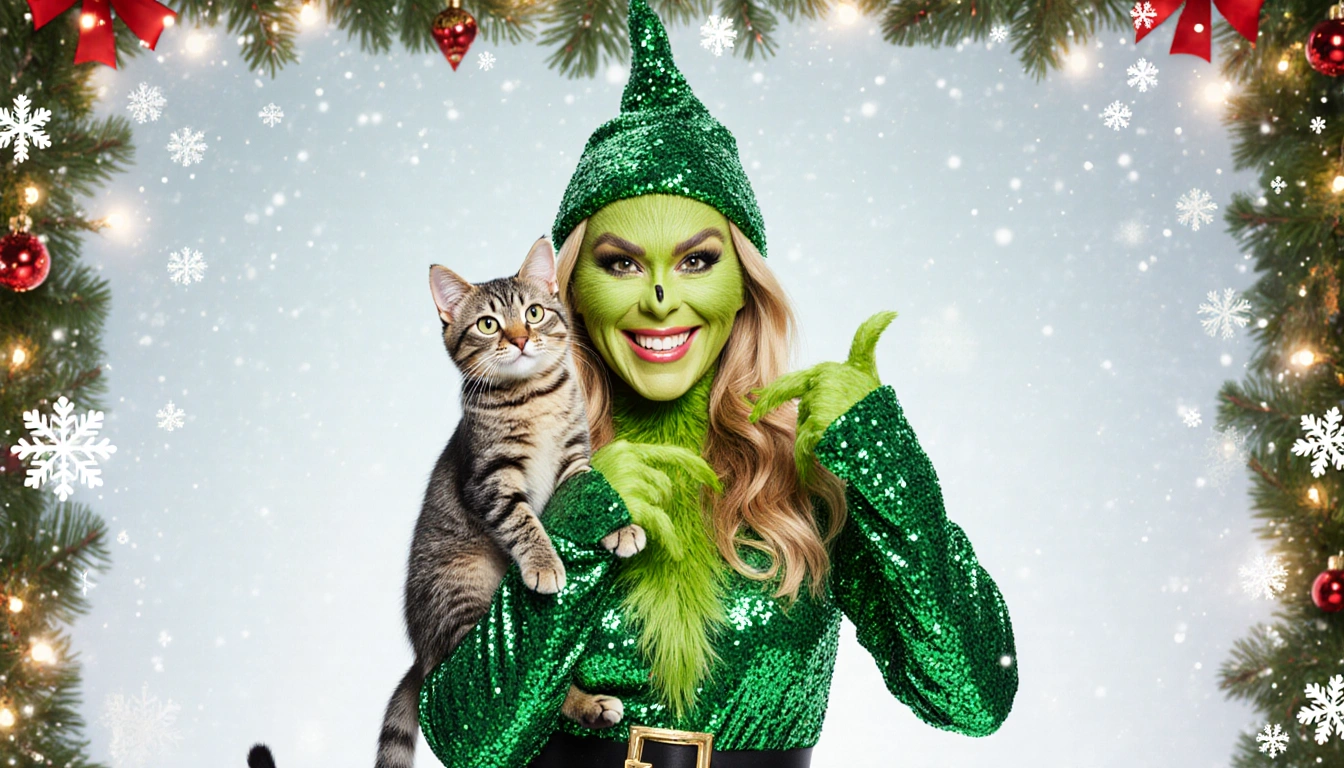 Celine Dion strikes a mischievous pose with her cat in a sparkly green Grinch costume with lights and falling snowflakes