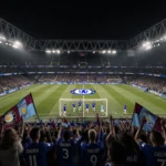 Aston Villa players walking onto the pitch with bright stadium lights and packed Stamford Bridge crowd at night.