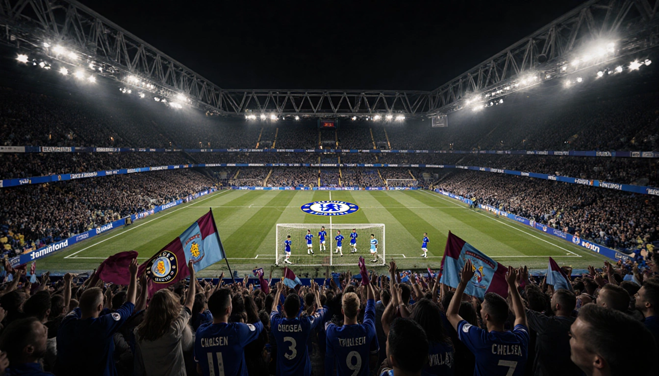Aston Villa players walking onto the pitch with bright stadium lights and packed Stamford Bridge crowd at night.