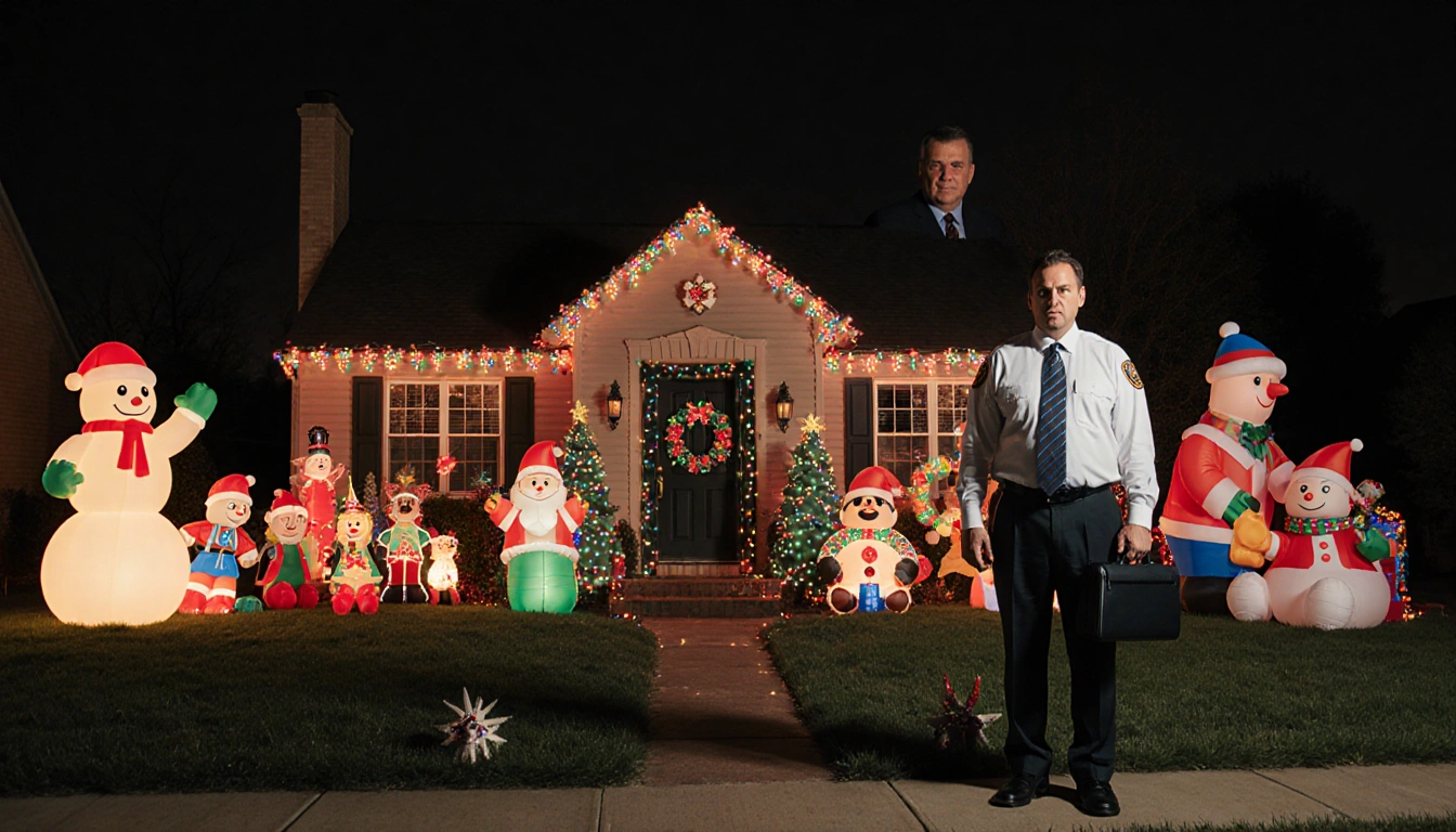 Homeowner stands guard with garish holiday lights and a disapproving HOA official nearby.