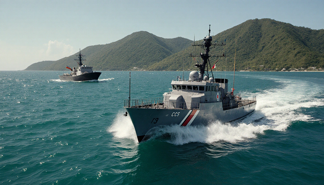 Coast Guard cutter cutting through turquoise Caribbean waters with waves splashing against its hull near Venezuelan coast.