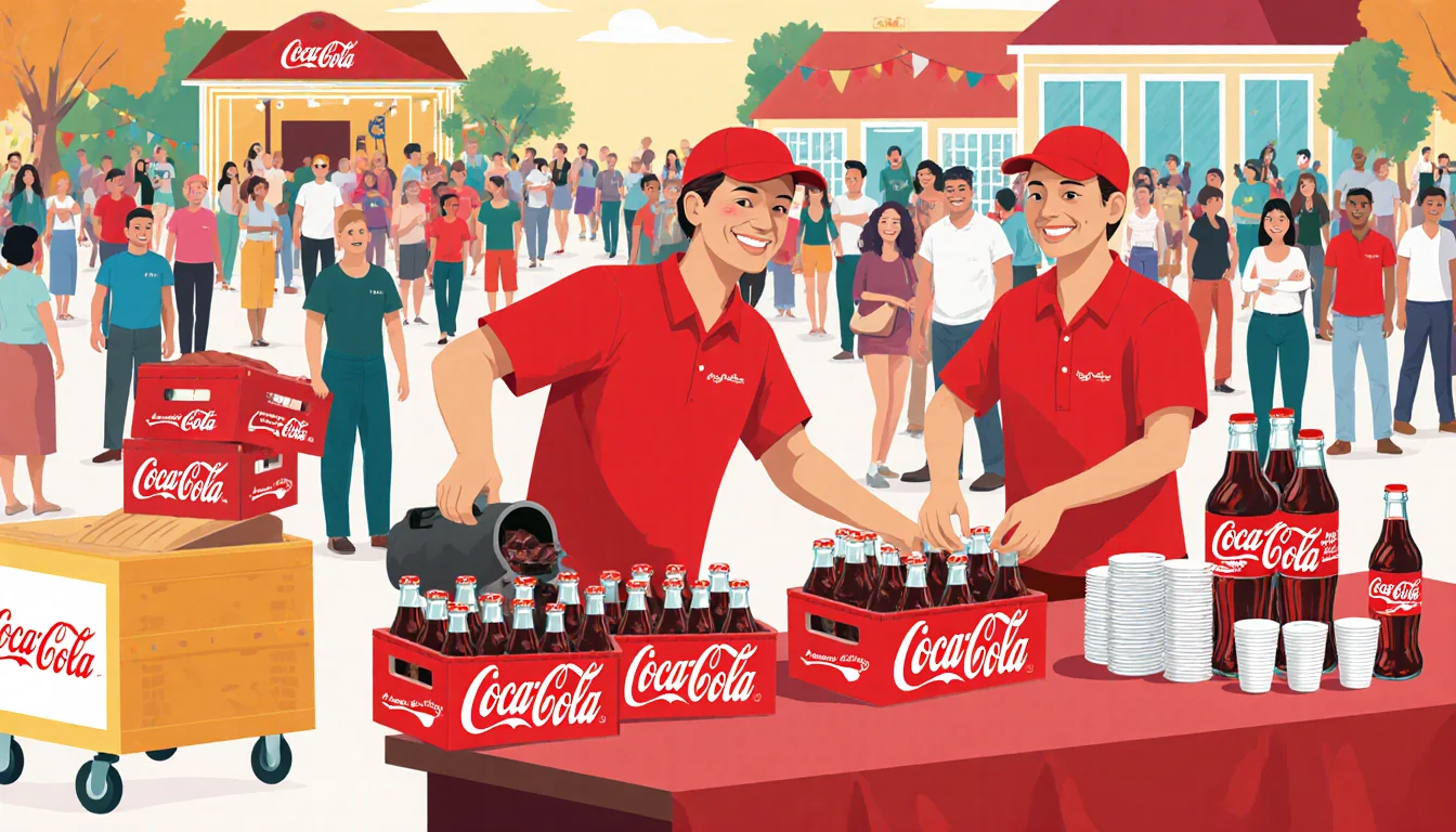 Coca-Cola team sorting beverage crates and refilling tables with colorful drinks at a lively festival