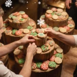 Judges reaching for a cookie with colorful creations on wooden pedestals in a warm bakery background and snowflakes