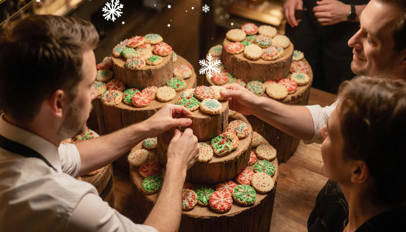 Judges reaching for a cookie with colorful creations on wooden pedestals in a warm bakery background and snowflakes