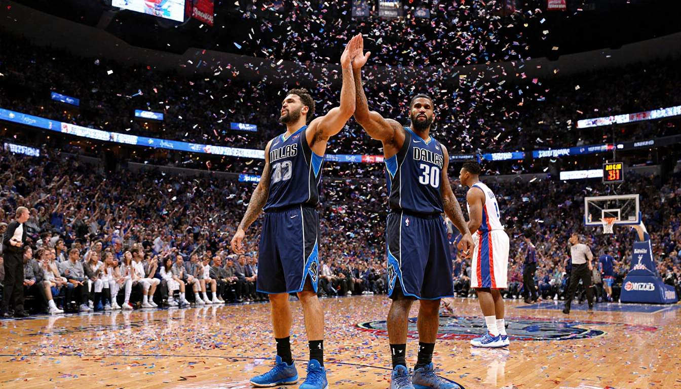 Cooper Flagg and Anthony Davis highfiving with arms raised in triumph amid confetti cheering fans at Mavericks overtime win.
