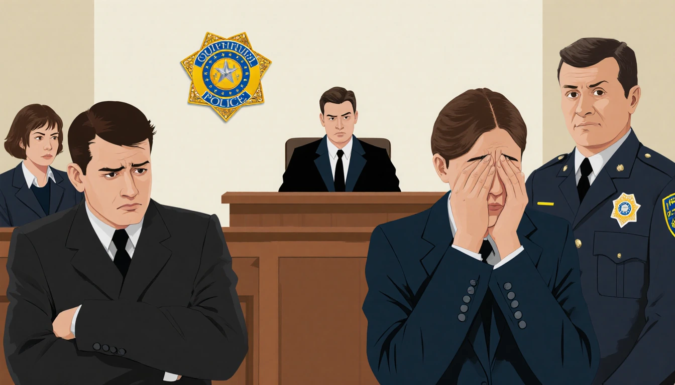 Judge presides over tense courtroom with unsettled jurors and subtle police badge in background