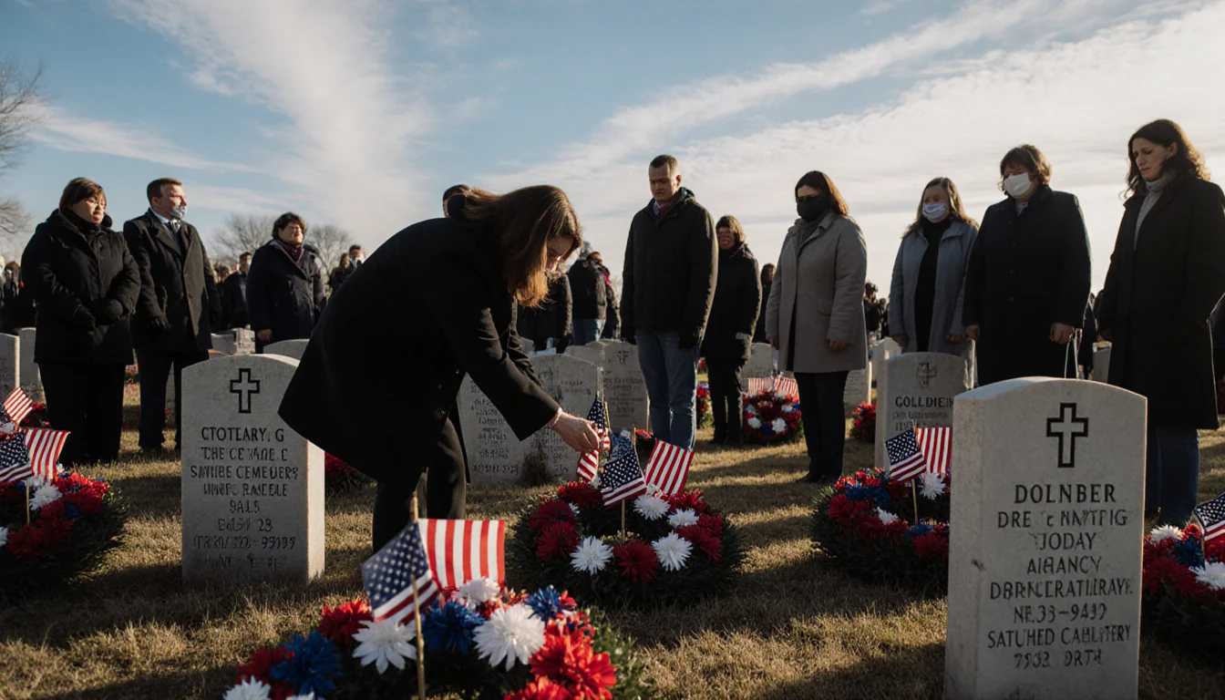 Woman placing a wreath on her father