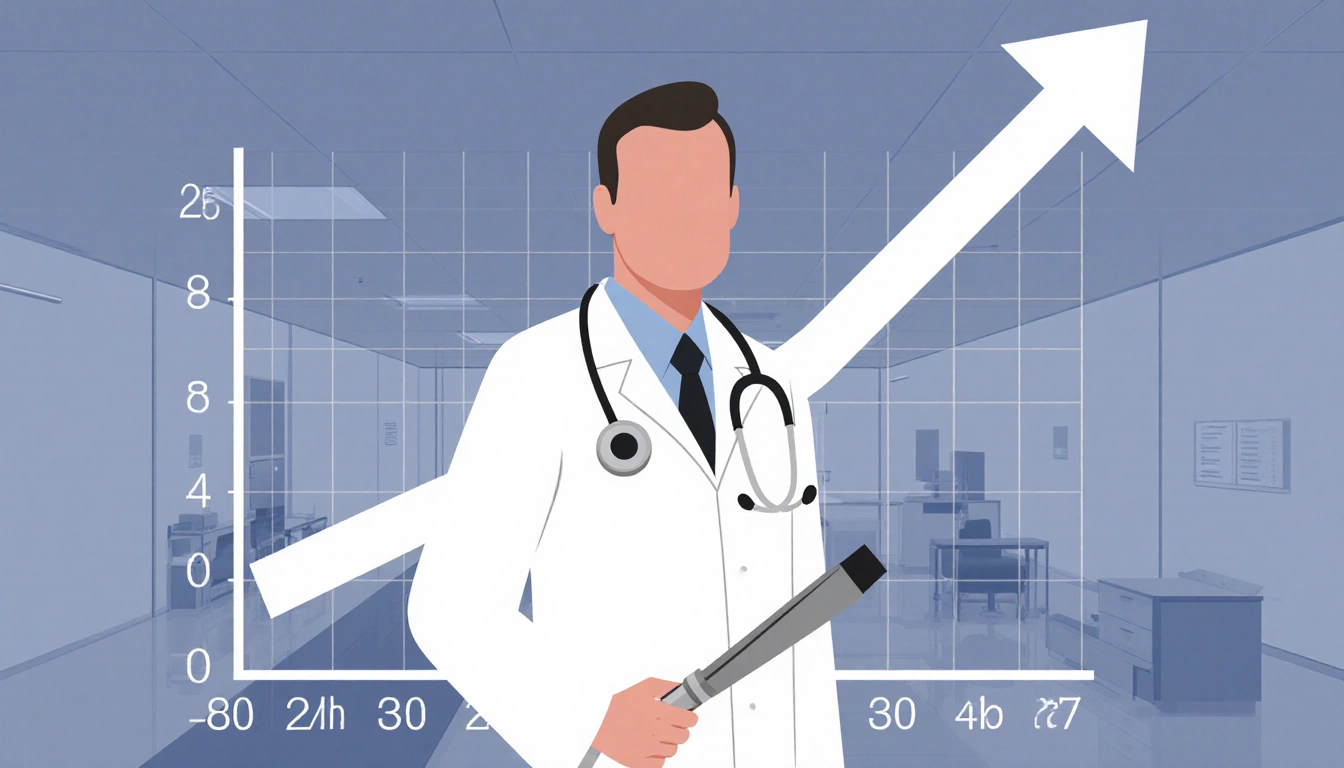 Dr. Daniel Kuritzkes stands with a stethoscope and an upward flu surge chart in a white lab coat and hospital setting