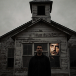 Dr. Mark Ramirez standing in front of a faded schoolhouse with a superintendent