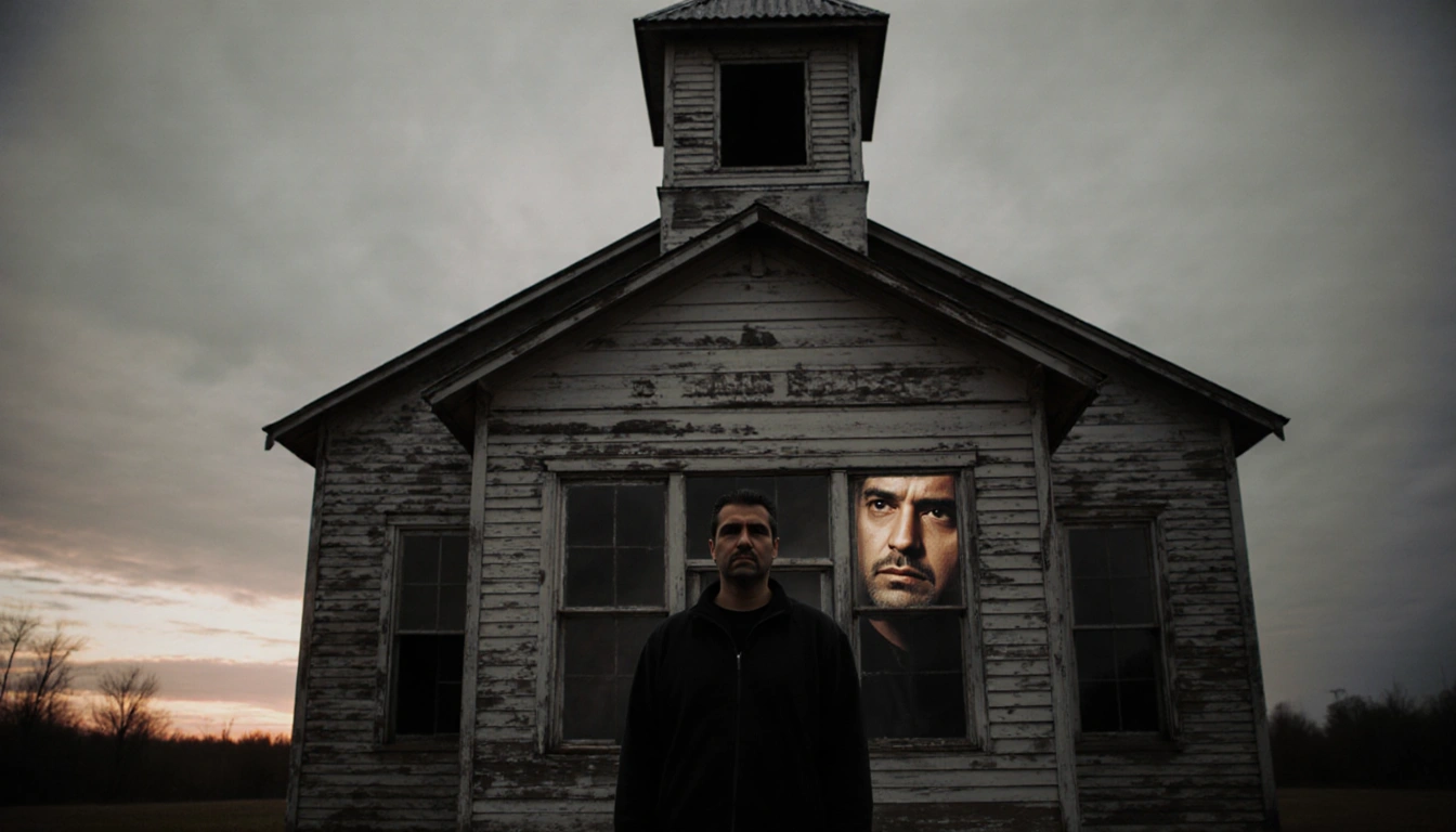 Dr. Mark Ramirez standing in front of a faded schoolhouse with a superintendent