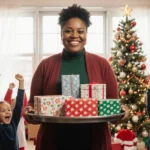 Educator smiling holding tray of presents with excited students and Christmas trees in festive backdrop