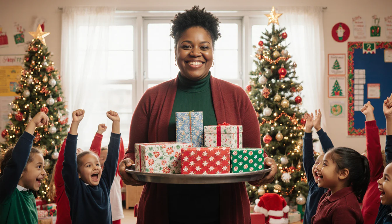 Educator smiling holding tray of presents with excited students and Christmas trees in festive backdrop