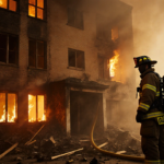 Firefighter surveying entrance with flames licking windows and smoke haze around
