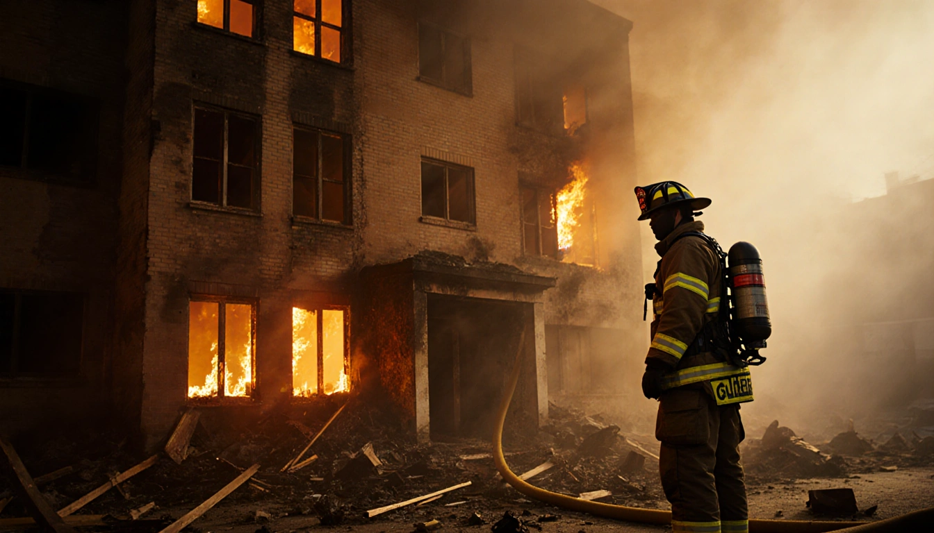 Firefighter surveying entrance with flames licking windows and smoke haze around