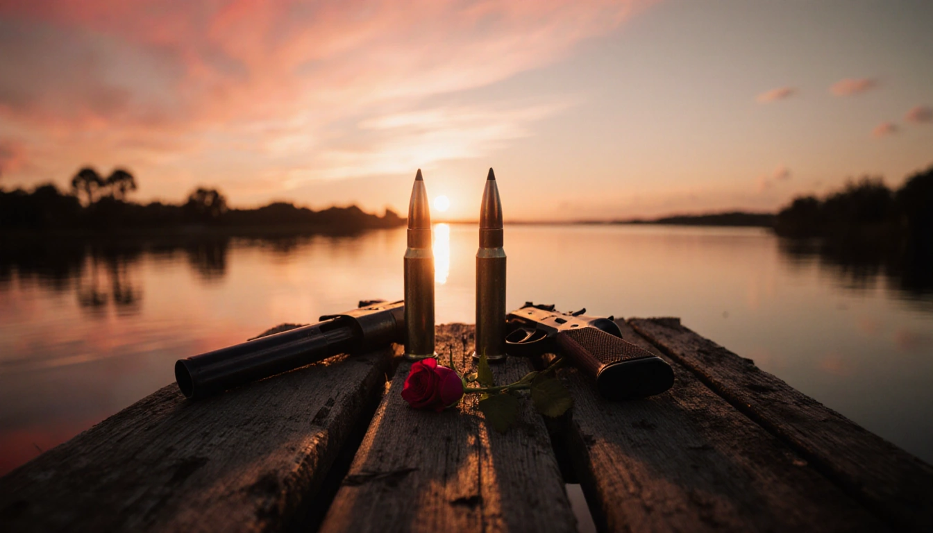 Broken shotgun shells lie side by side on a weathered dock with a single rose petal blooming nearby beneath a Florida sunset.