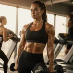 Woman lifting weights with sweat on brow and one leg raised light highlights muscles while treadmill blurs in gym background