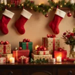 Gift table overflowing with wrapped presents and festive ornaments with candles and holly adding cozy charm