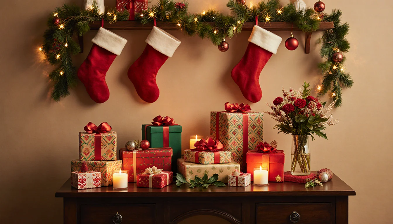 Gift table overflowing with wrapped presents and festive ornaments with candles and holly adding cozy charm