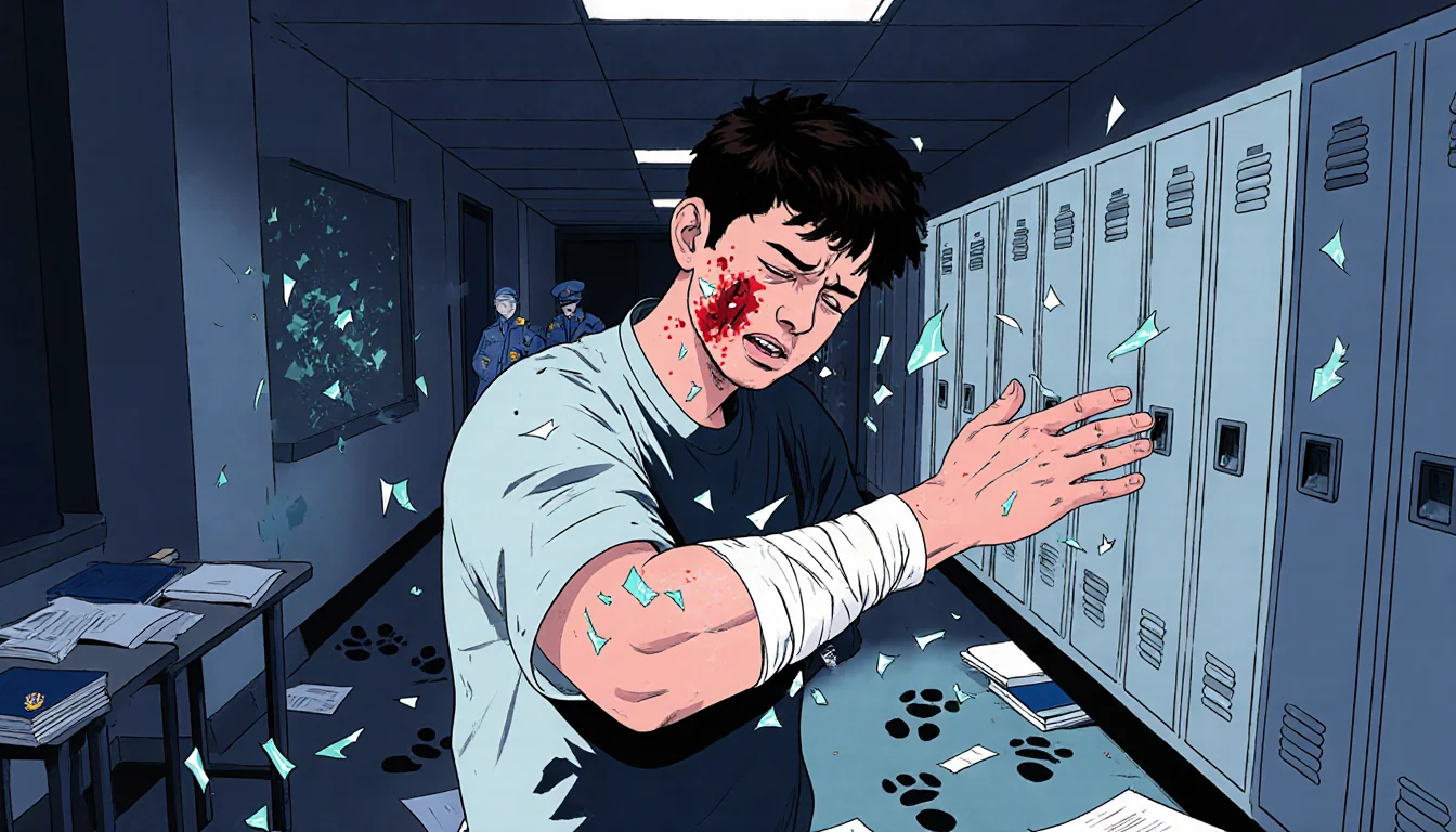 Injured student clutching bandaged arm with blood on skin and glass shards and shattered lockers behind