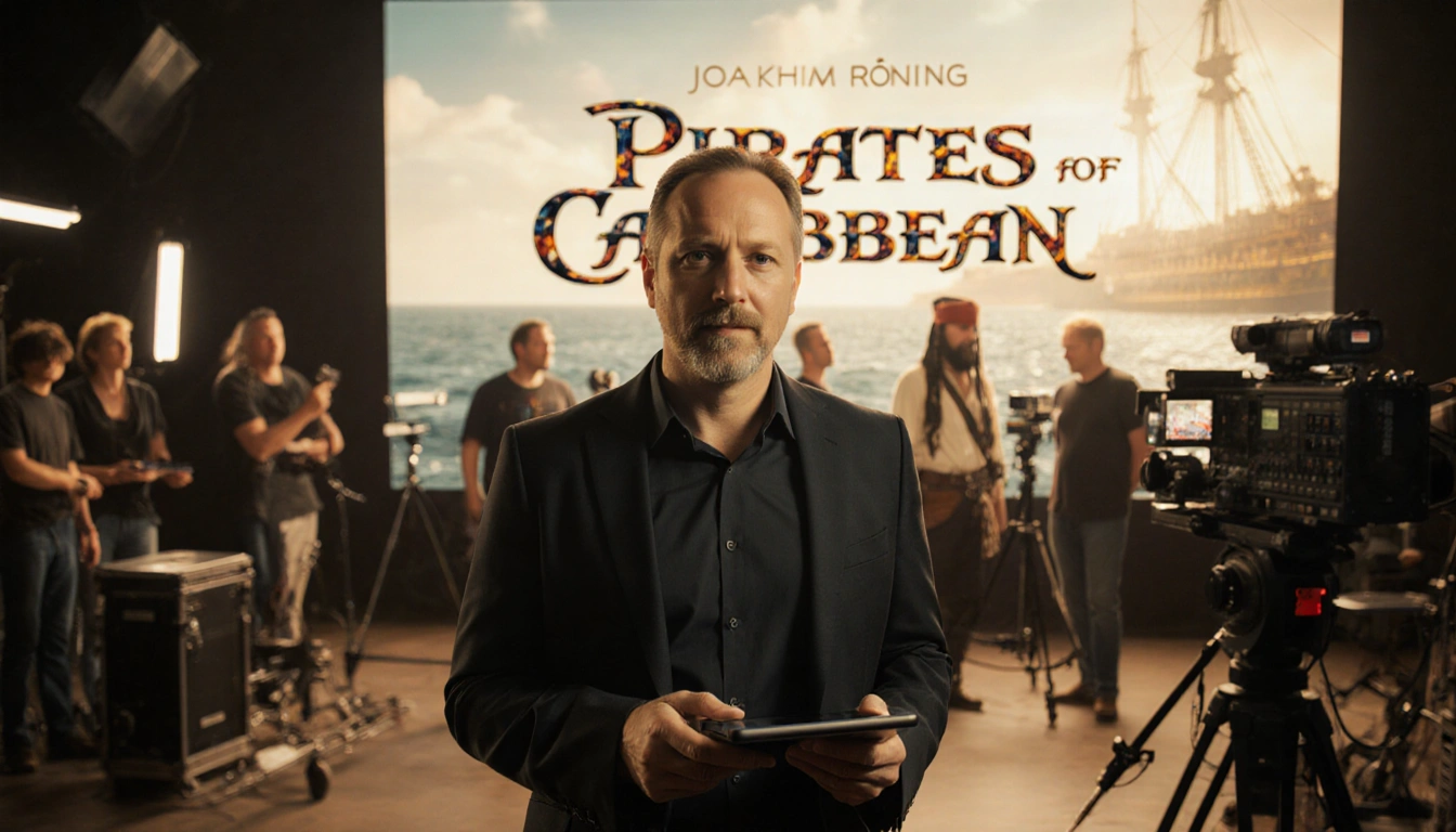 Director Joachim Rønning standing on set with screen showing movie title and holding tablet smile.