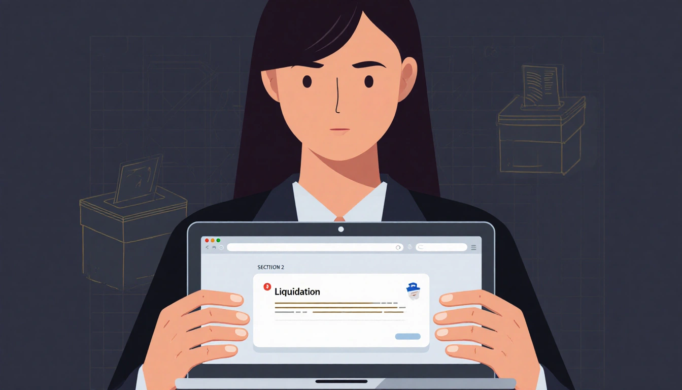 Hands holding laptop with liquidation alert and gerrymandering grid in background