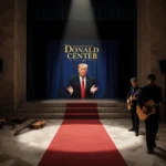 Spotlight shines on empty stage in Kennedy Center foyer with red carpet backdrop and musicians walking away with guitars