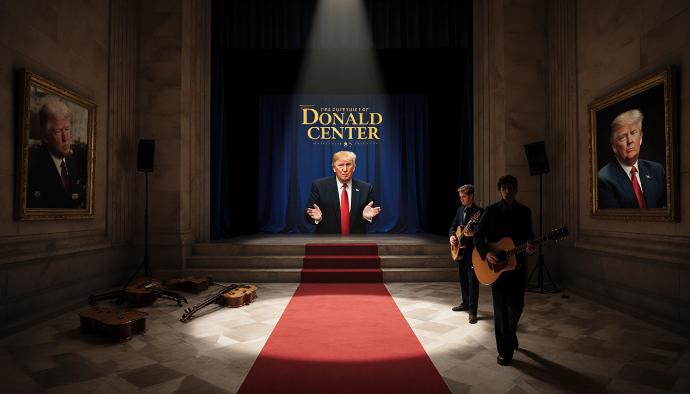 Spotlight shines on empty stage in Kennedy Center foyer with red carpet backdrop and musicians walking away with guitars