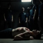 Student lying on stomach with pellet wounds on torso and teammates surrounding him in dim garage