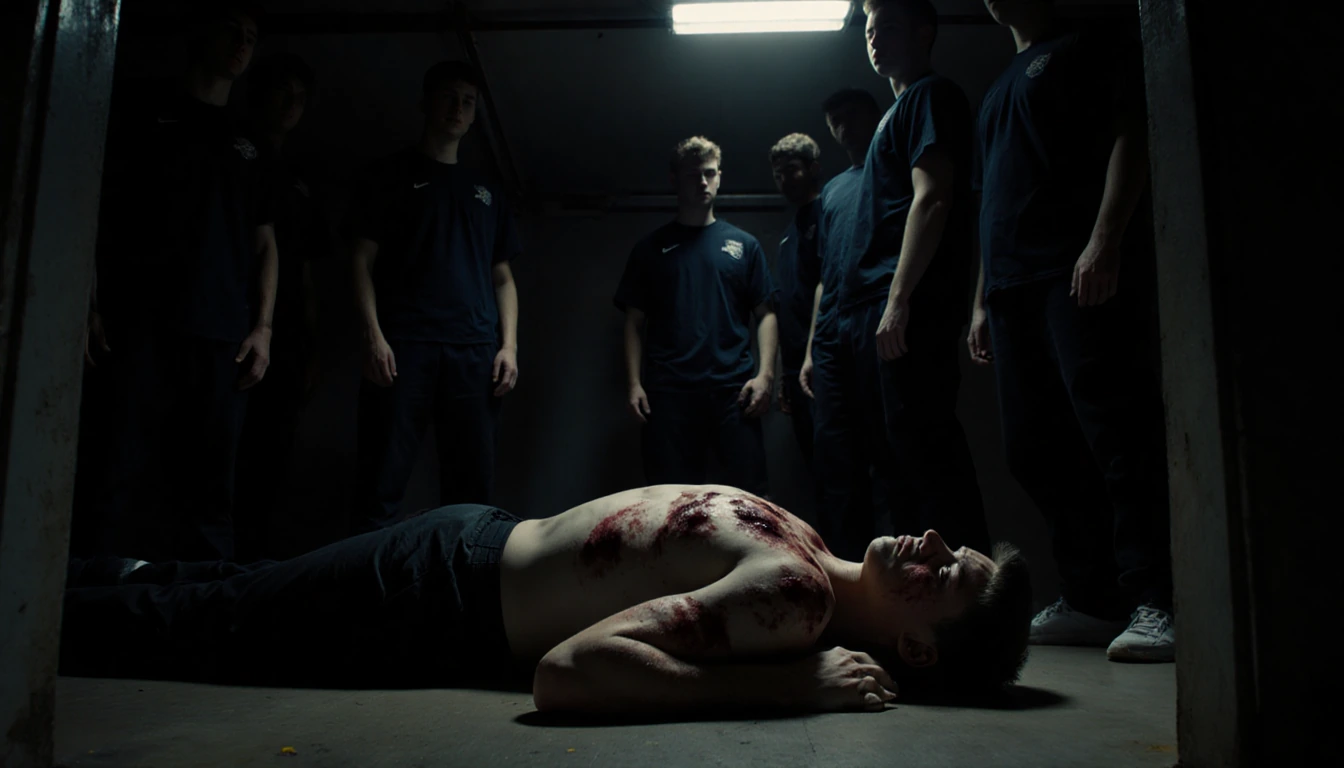 Student lying on stomach with pellet wounds on torso and teammates surrounding him in dim garage