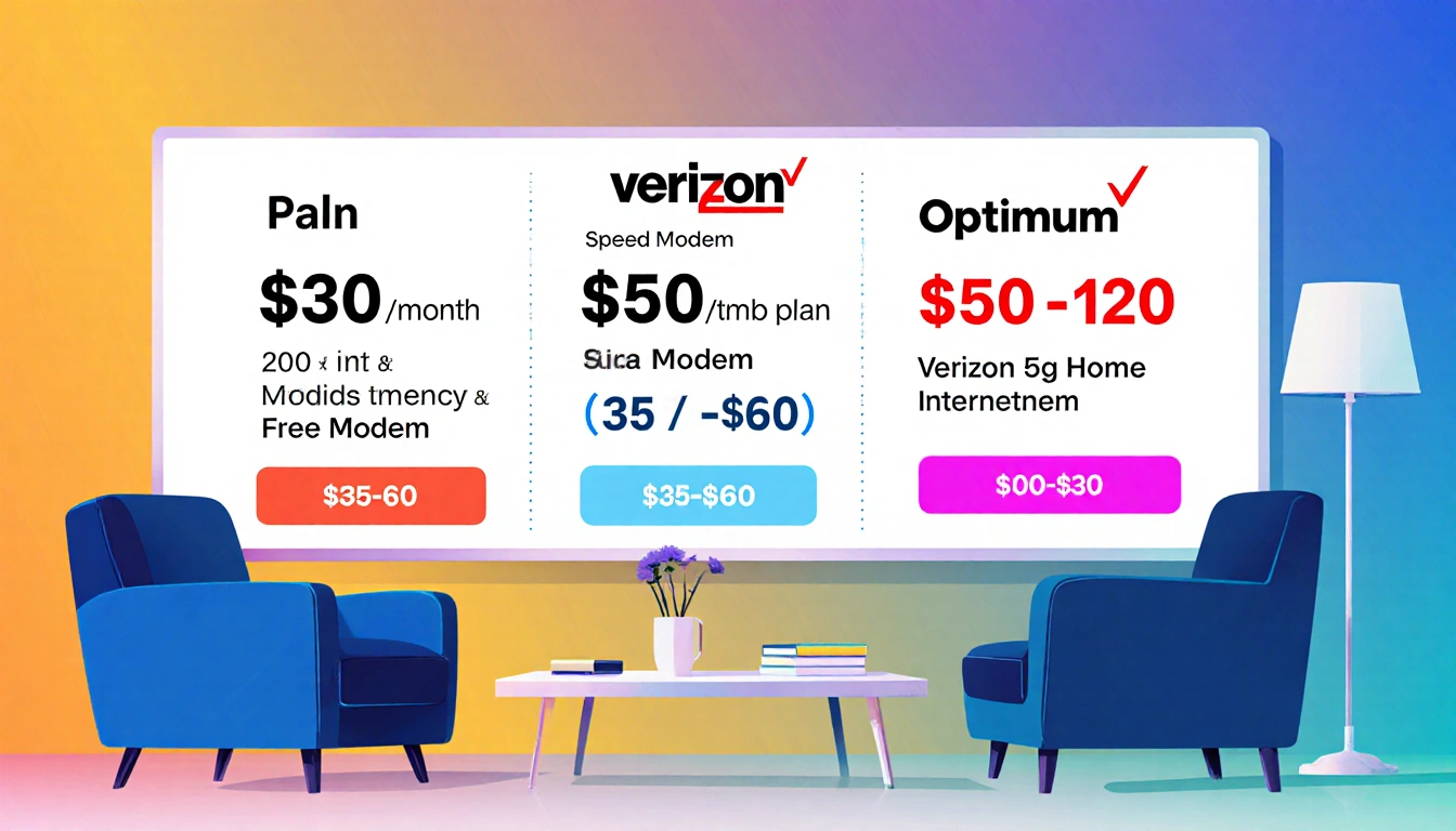Living room displaying a whiteboard listing broadband plans with bright colors highlighting Astound plan.