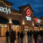 Shoppers milling around holiday-lit stores on Christmas Eve with twinkling lights and boarded‑up storefronts in the backgroun