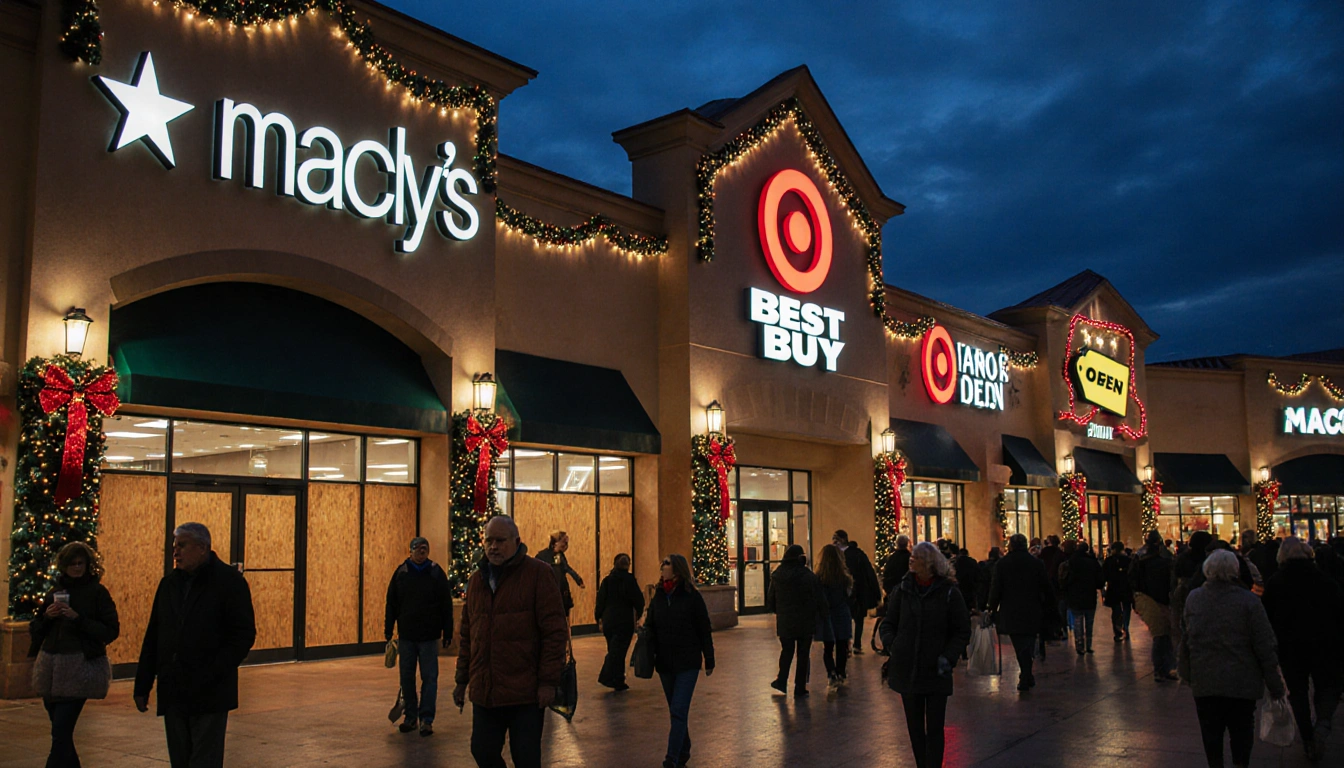 Shoppers milling around holiday-lit stores on Christmas Eve with twinkling lights and boarded‑up storefronts in the backgroun