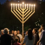 Menorah shines brightly with golden light with community members and city skyline in background