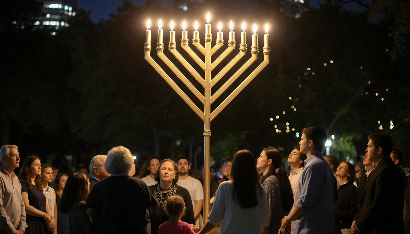 Menorah shines brightly with golden light with community members and city skyline in background