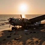 Broken Mexican Navy plane lies on Galveston Bay shoreline with a rescue boat casting a long shadow and orange sunset glow.