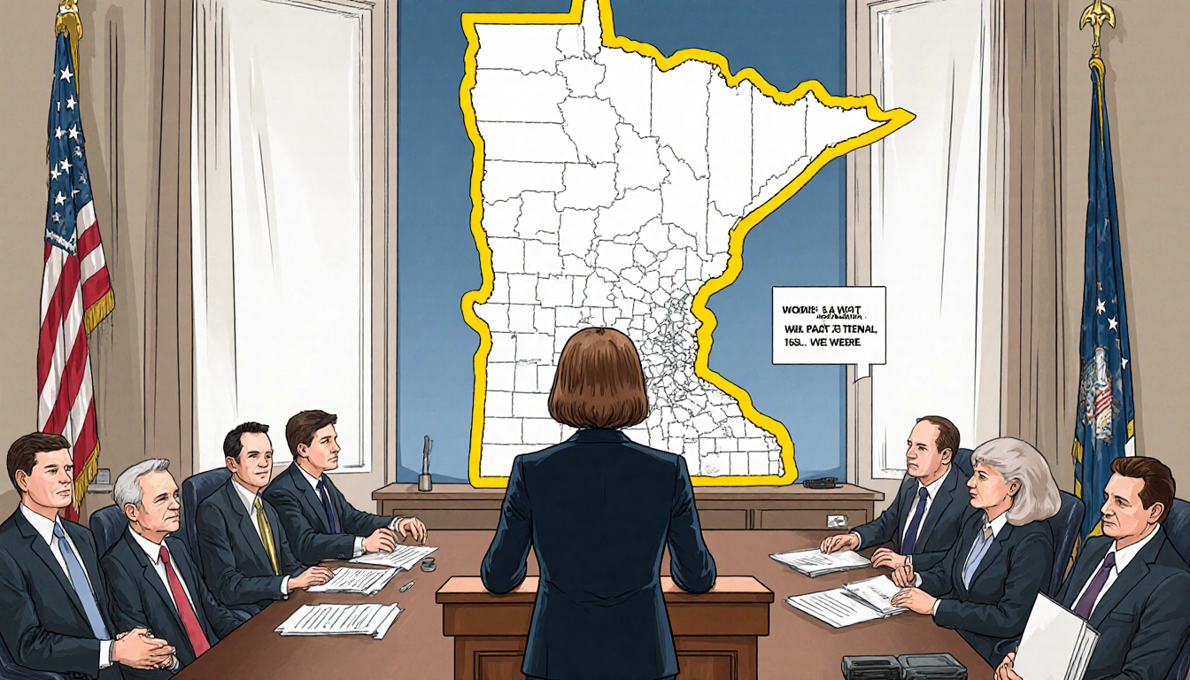 A prosecutor stands at a podium addressing officials with a Minnesota map highlighting Somali communities in the background.
