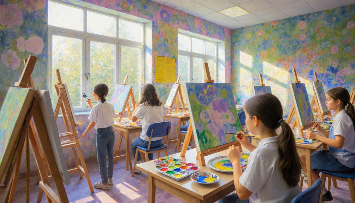 Students painting masterpieces with natural light pouring through large windows in a Monet-inspired art studio classroom.