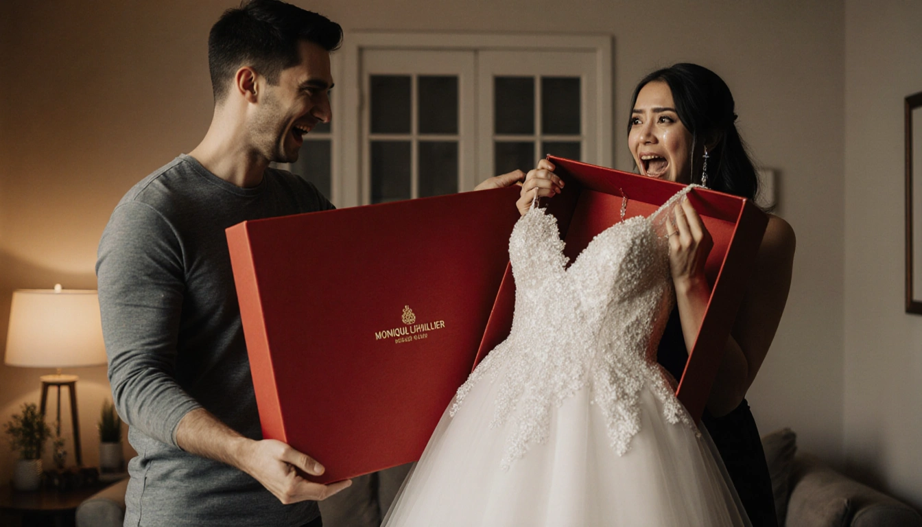 Man handing Keleigh a red gift box with a Monique Lhuillier wedding dress replica and tears streaming.