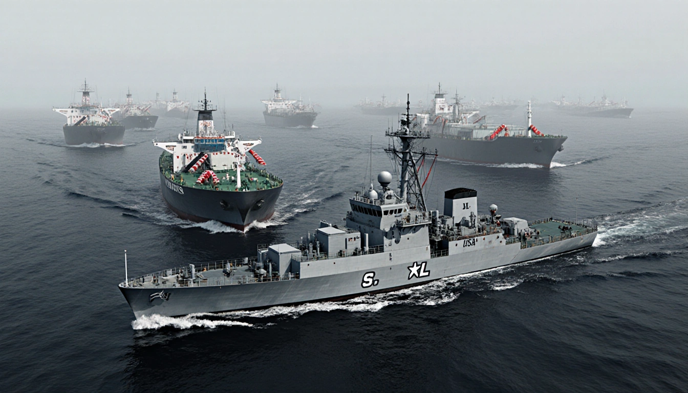 U.S. naval vessel patrolling with oil tankers under blockade and rolling waves in gray‑blue sea.