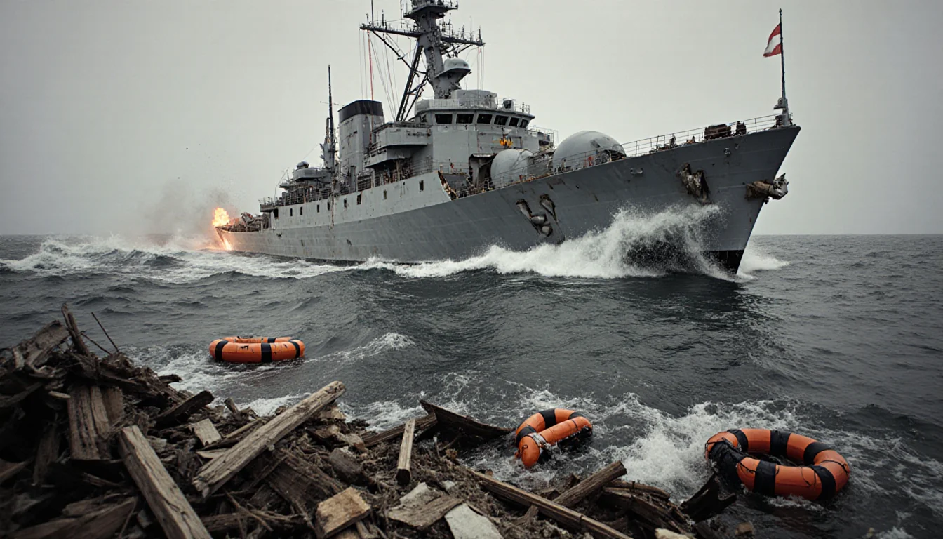 Damaged naval vessel sinking among debris with shattered hull and splintered wood and bodies on waves.