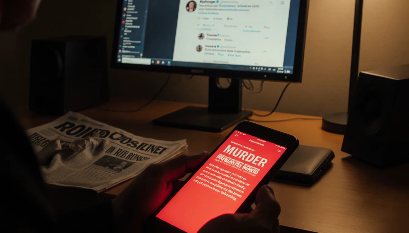 Phone screen shows bold tweet with red glow and crumpled newspaper clipping titled MURDER ROB REINER on dim newsroom desk