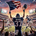 Football player holding a flag with confetti swirling and cheering fans in stadium