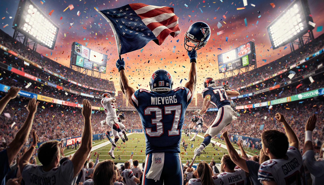 Football player holding a flag with confetti swirling and cheering fans in stadium