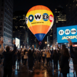 Balloon floating above crowded street with neon lights on wet pavement and giant TV showing $1.25 B Powerball jackpot